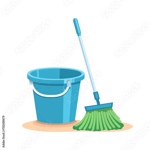 A blue bucket and green floor broom, flat vector illustration with a white background