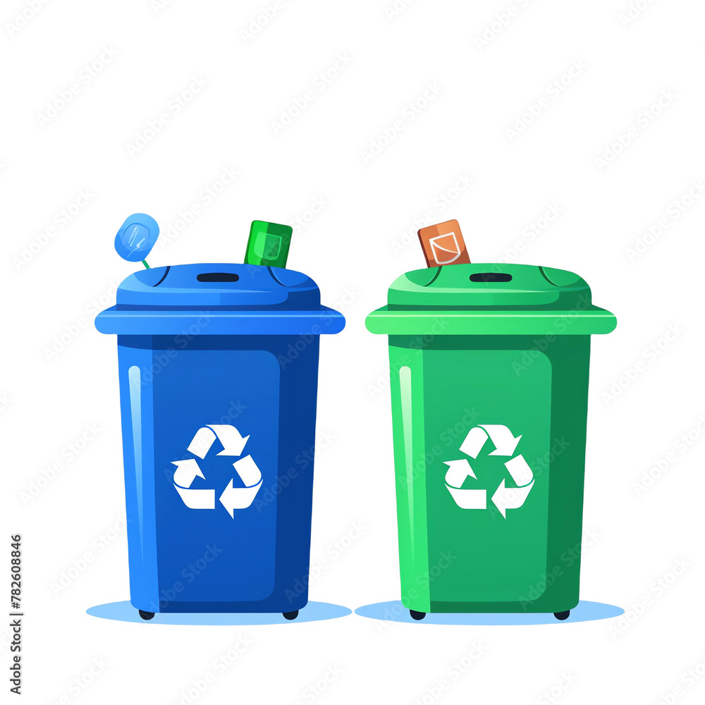 Two trash cans, blue and green color scheme with recycling symbols on white background flat vector illustration cartoon style Two trash cans, blue and green color scheme with recycling symbols on white background flat vector illustration cartoon style