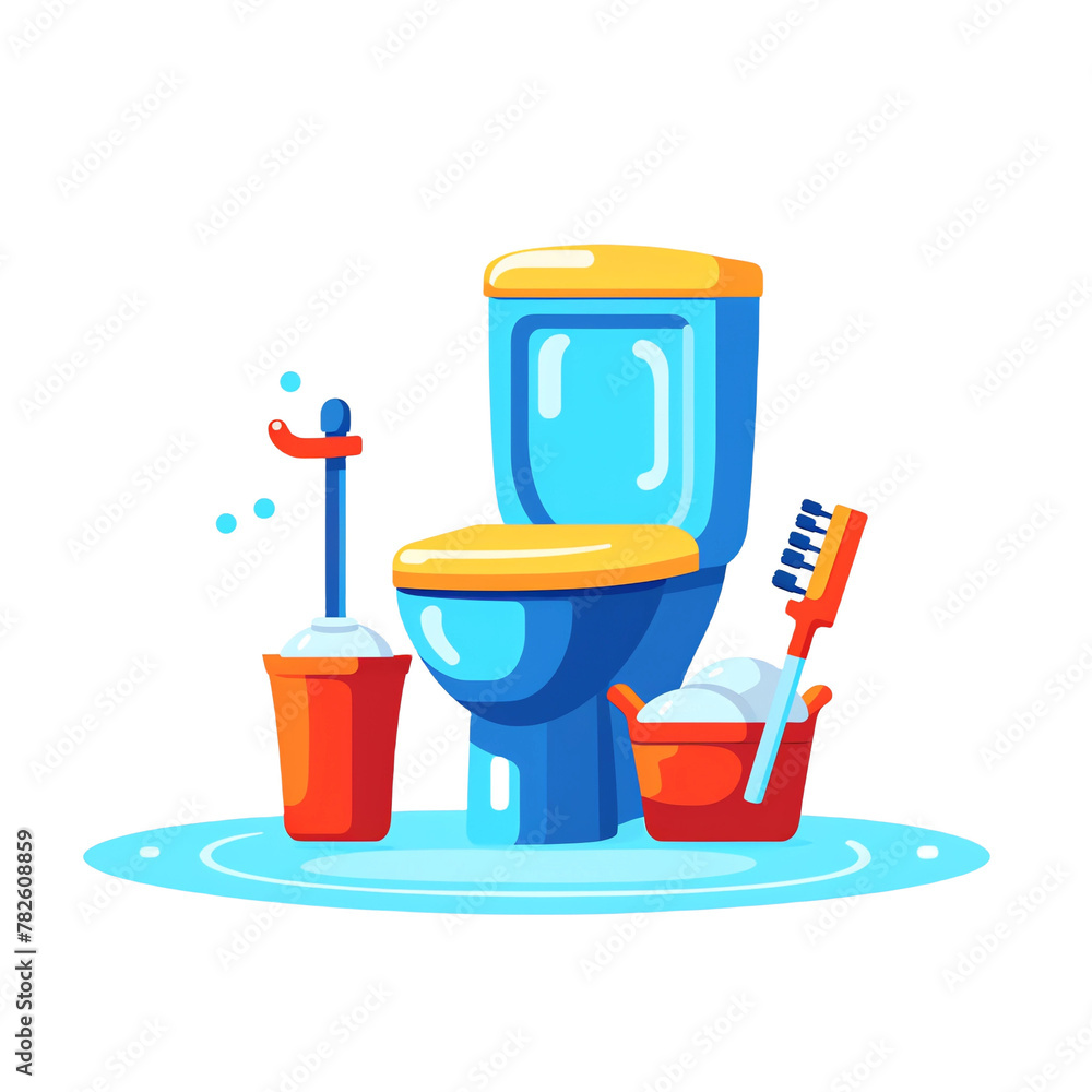 The toilet is clean, there is an oversized brush next to it and a bowl of cleaning supplies beside it The toilet is clean, there is an oversized brush next to it and a bowl of cleaning supplies beside it
