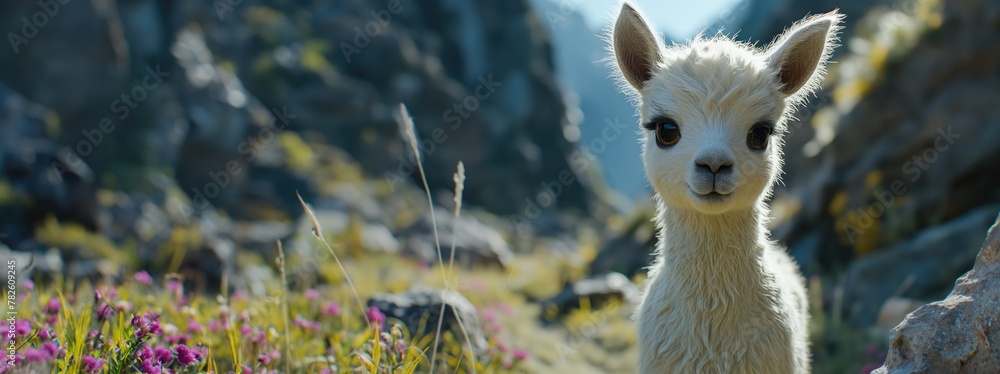 Naklejka premium Llama (Alpaca) in Andes,Mountains. Created with Generative AI.