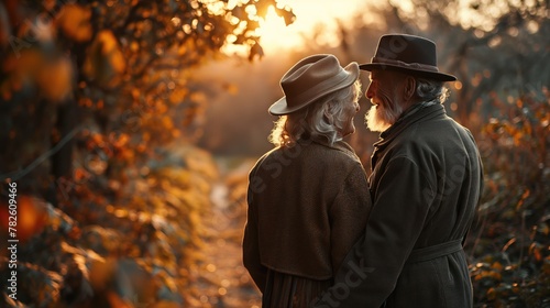 Senior citizen couple taking a walk in a park during autumn morning. Created with Generative AI. © lchumpitaz