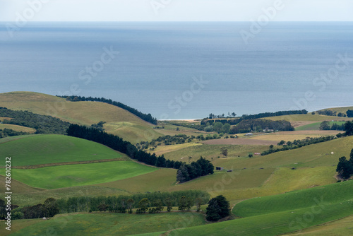 New Zealand: View of Tavora Reserve, home to the endangered yellow-eyed penguin (hoiho, Megadyptes antipodes) from Puketapu mountain in coastal Otago. Pacific Ocean is in the background.