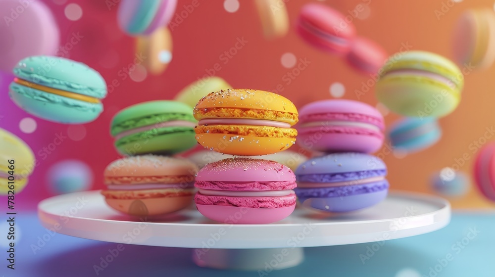 A tray of rainbow-colored macarons d style isolated flying objects memphis style d render AI generated illustration A tray of rainbow-colored macarons d style isolated flying objects memphis style d render AI generated illustration