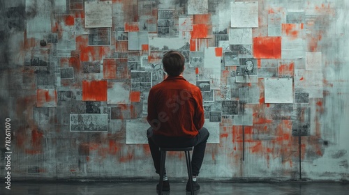 young man looking at the wall with many sticky notes. Created with Generative AI.