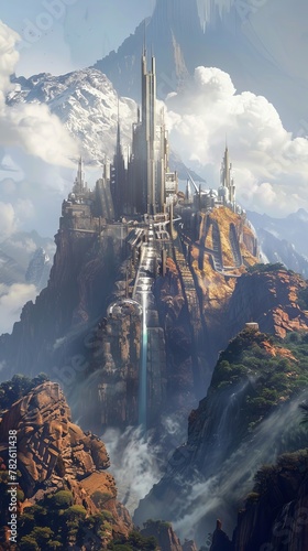 An alien temple perched atop a towering mountain its spires reaching towards the heavens  AI generated illustration © ArtStage