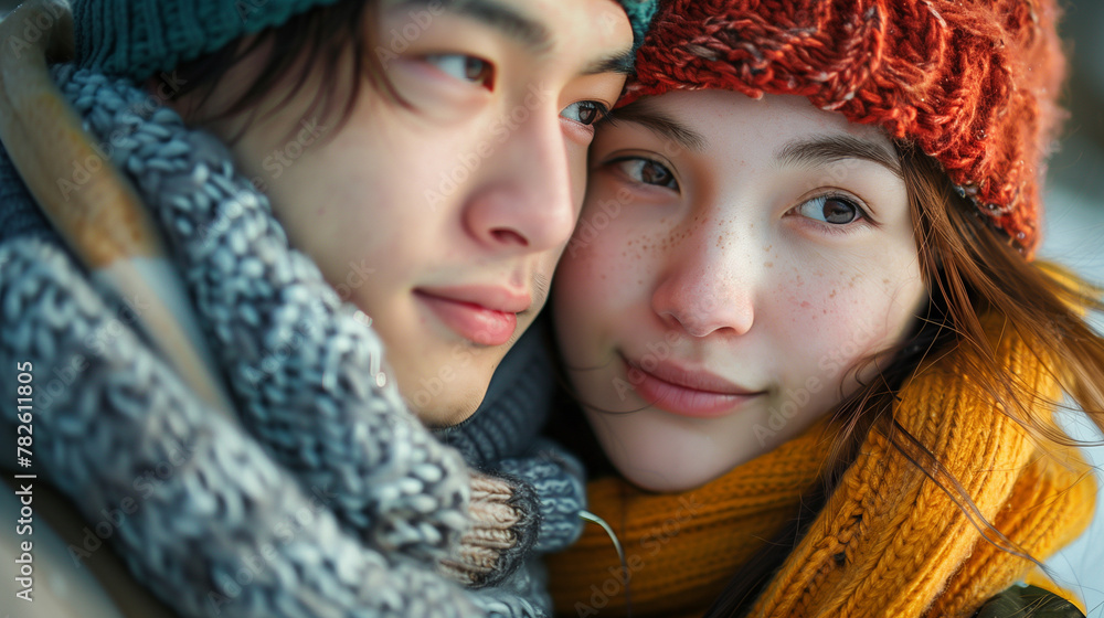 A man and woman are wearing hats and scarves and are smiling at the camera A man and woman are wearing hats and scarves and are smiling at the camera
