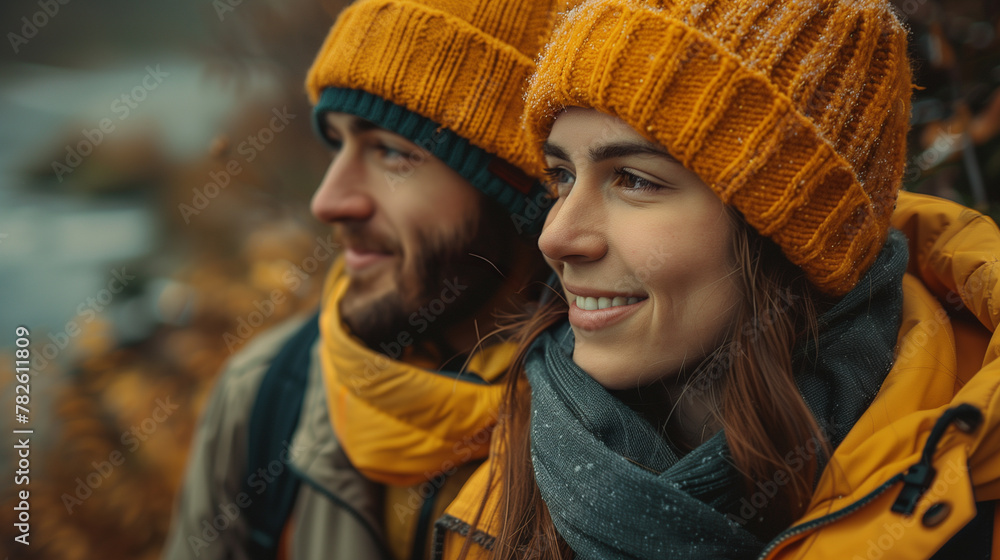 Fototapeta premium Man and woman in yellow beanies and winter jackets outdoors