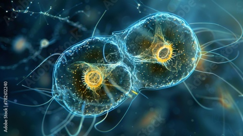 A microscopic image of a ciliate undergoing binary fission splitting into two identical daughter cells depicting the fascinating process