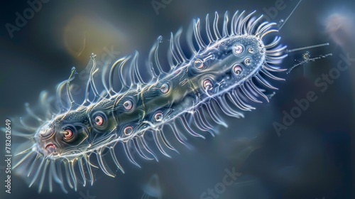 A closeup of a single ciliate revealing intricate patterns on its translucent body and rows of cilia propelling it through its microcosmic photo