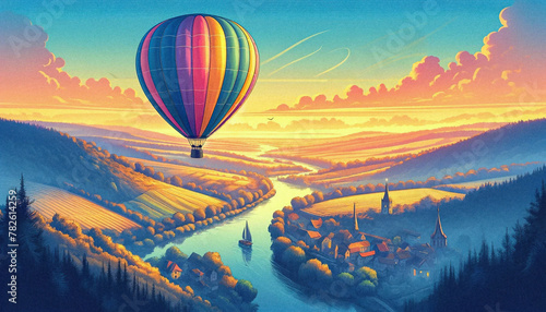 illustration of a hot air balloon ascending at dawn