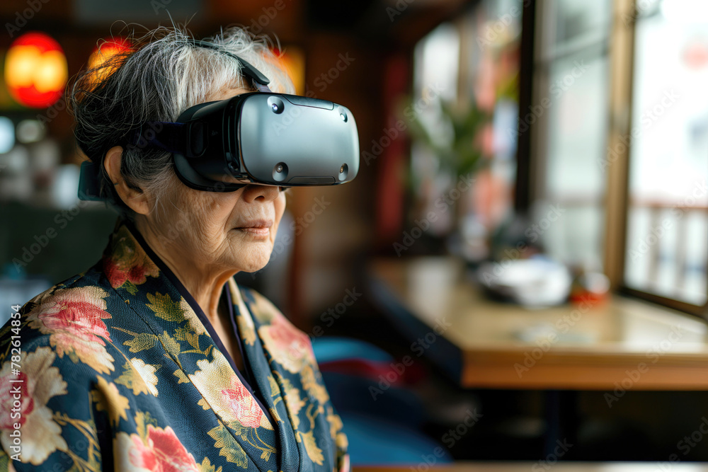 Senior woman watching her favorite soup opera using latest generation VR headsets Senior woman watching her favorite soup opera using latest generation VR headsets