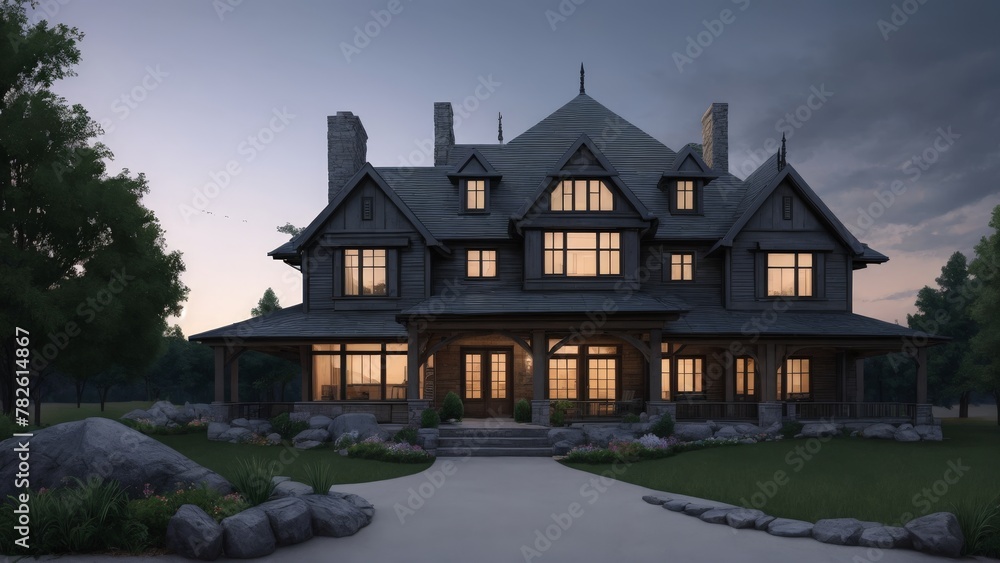 An old brick mansion with dark windows sits on a hilltop bathed in the blue light of evening