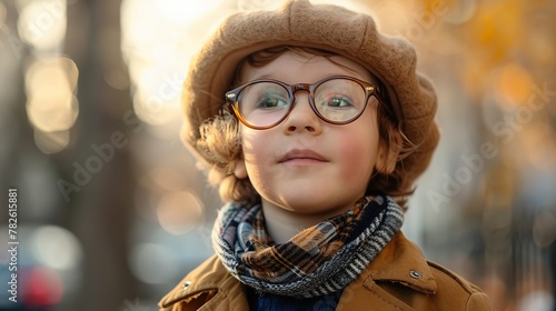 A little boy wearing glasses and a beret stands outdoors in the city in a portrait photo with a closeup shot. He is dressed stylishly with a brown jacket and scarf around his neck. The background feat
