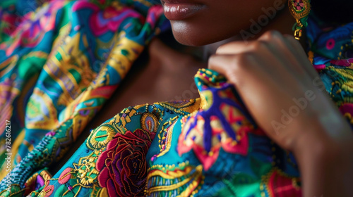 The vibrant colors and intricate patterns of the fabric come to life in this closeup portrait of a black woman handsewing a stunning piece of couture. The careful attention to detail .