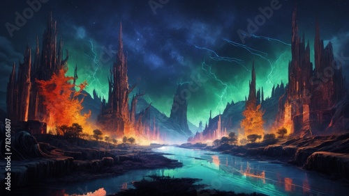 Eerie fantasy landscape with fire burning in forest, reflecting in a lake under an aurora borealis night sky photo