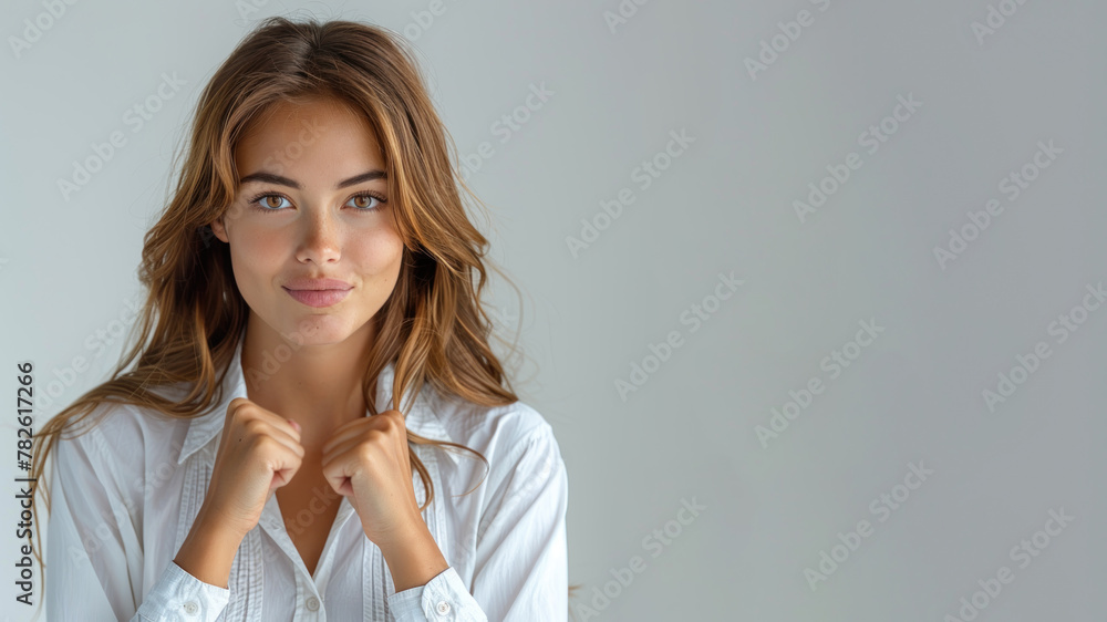 Brunette business woman shows passion for work targets and achievements Brunette business woman shows passion for work targets and achievements