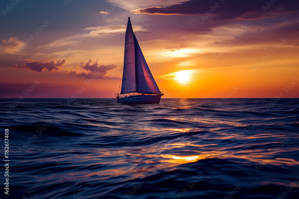 Front view of sailing boat on the ocean at sunset,Yacht sailing through blue sea waves, clouds in sky , sunlight , relax time in vacation , ship sails