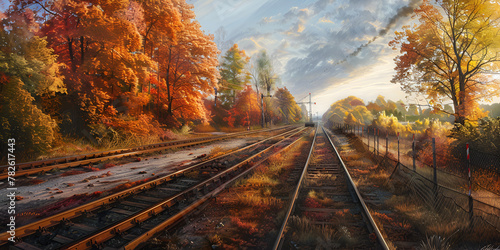 Autumn summer falls Train tracks running through trees in fall color Steel Rails Fall Railroad tracks in a forest landscape