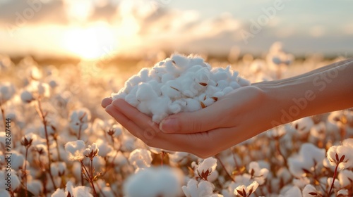 White cotton flowers in hands with field background. Created with generative AI.	