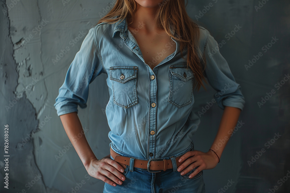 A woman in a blue shirt and jeans is standing with her hands on her hips A woman in a blue shirt and jeans is standing with her hands on her hips