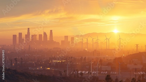 A city skyline at sunset with wind turbines and solar panels visible in the foreground. A caption below reads Harnessing carbon capture for greener biofuel has transformed our citys .