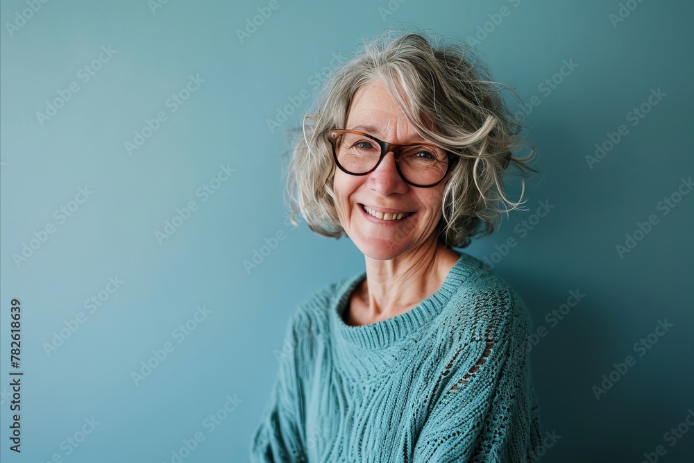 Portrait of a smiling senior woman wearing eyeglasses on a blue background Portrait of a smiling senior woman wearing eyeglasses on a blue background