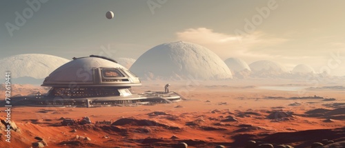 a city on Mars with olympus mons in the background photo