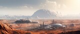 a city on Mars with olympus mons in the background