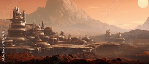 a city on Mars with olympus mons in the background photo
