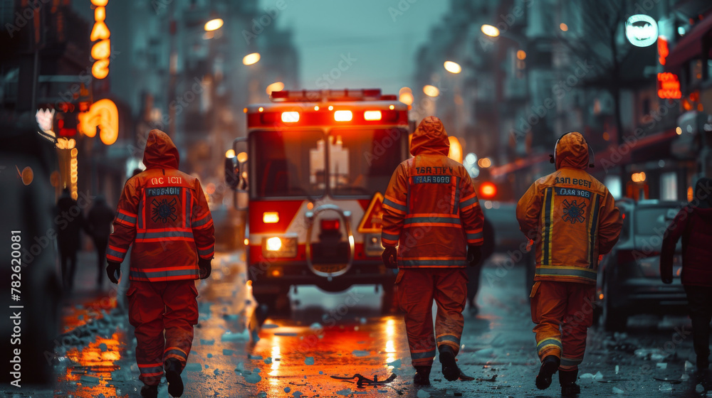 Obraz premium Team of EMS Paramedics React Quick to Provide Medical Help to Injured Patient and Get Him in Ambulance on a Stretcher. Emergency Care Assistants Arrived on the Scene of a Traffic Accident