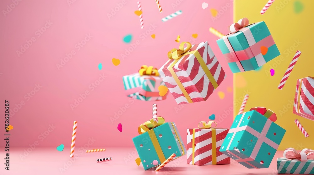 Birthday presents wrapped in bright colors 3D style isolated flying objects memphis style 3D render AI generated illustration Birthday presents wrapped in bright colors 3D style isolated flying objects memphis style 3D render AI generated illustration