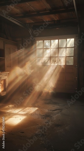 Beautiful sunlight streaming through a car garage door   AI generated illustration