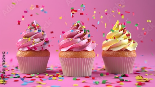 Birthday cupcakes with vibrant frosting 3D style isolated flying objects memphis style 3D render AI generated illustration