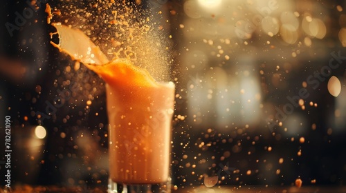 Capture the movement of a flying smoothie in mid-air with a blend of soft and harsh lighting AI generated illustration