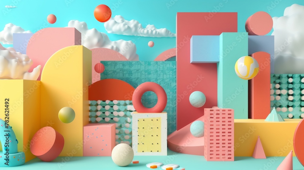 Colorful blocks and shapes in a whimsical arrangement 3D style isolated flying objects memphis style 3D render AI generated illustration Colorful blocks and shapes in a whimsical arrangement 3D style isolated flying objects memphis style 3D render AI generated illustration