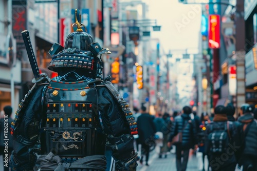 japan hi tech samurai in the street of big city centr