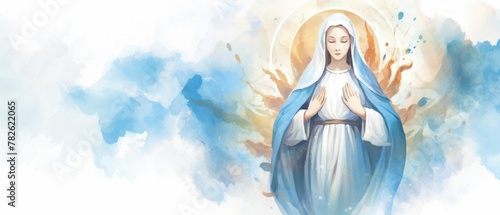 a watercolor cute image with Our Lady of the Assumption ia a white background