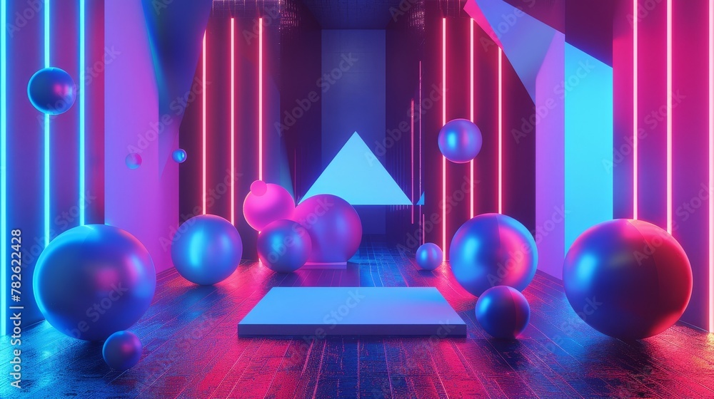 D shapes morphing in a neon-infused environment 3D style isolated flying objects memphis style 3D render   AI generated illustration