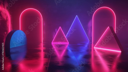 D shapes casting shadows on a neon background 3D style isolated flying objects memphis style 3D render AI generated illustration