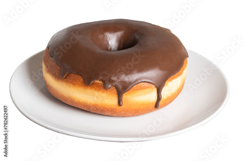 chocolate glazed doughnut on a plate with a transparent background