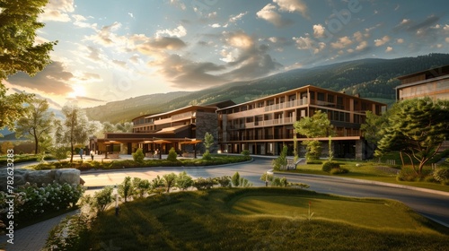 an architectural visualisation of a golf resort main hotel building, luxurious, modern, green mountains in background photo