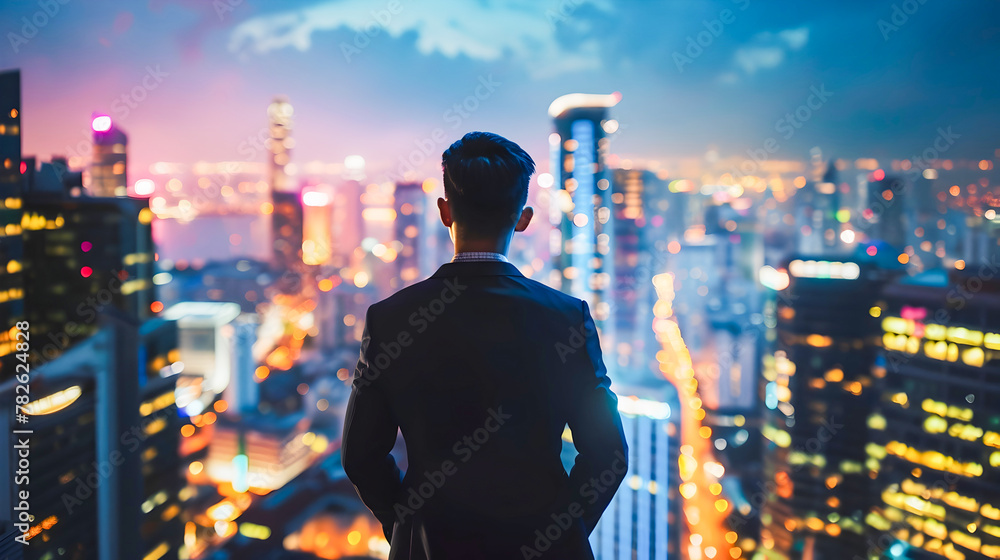 Businessman Overlooking the City in Y2K Aesthetic Rooftop Businessman Overlooking the City in Y2K Aesthetic Rooftop