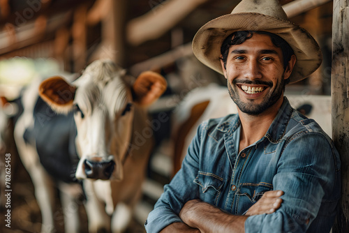 Happy smiling farmer man with herd of cows in cowshed on dairy farm. Live stock for dairy and beef production. Agriculture industry and farming concept. Sustainable business in food industry photo