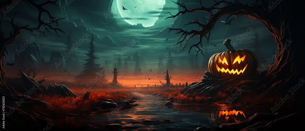 dark daemon pumpkin in a scene of haunted Halloween, impact colors green and red background spooky dark daemon pumpkin in a scene of haunted Halloween, impact colors green and red background spooky