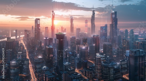 A breathtaking digital artwork of a futuristic cityscape with towering skyscrapers.
