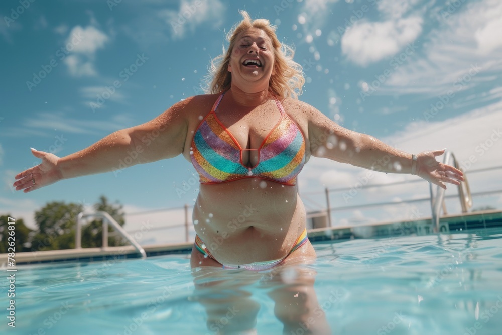 Body positive woman having fun and fooling around while chilling in the pool. Backdrop with selective focus
