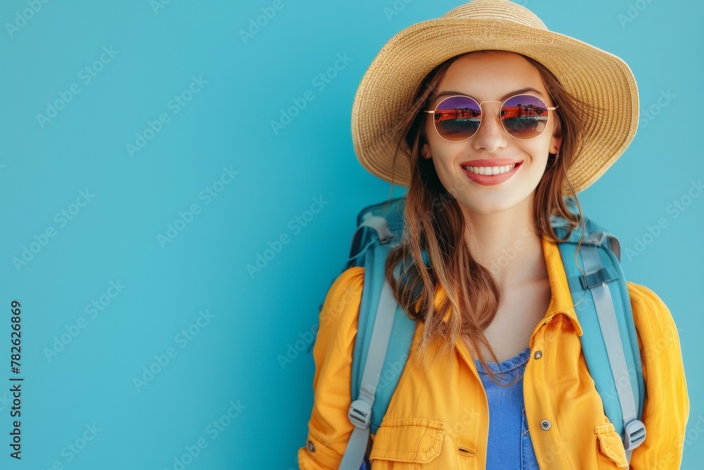 A woman wearing a yellow shirt and a straw hat is smiling and posing for a photo. Summer vacation concept, backdrop