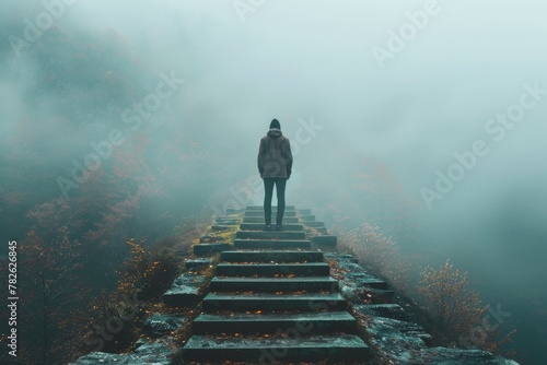 A man stands on a stone staircase in the fog. Business concept, backdrop photo