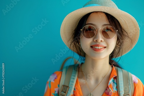 A woman wearing a straw hat and sunglasses is smiling at the camera. Summer vacation concept, backdrop