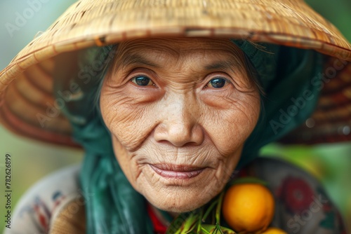 Woman farmer, female portrait. Backdrop with selective focus and copy space photo